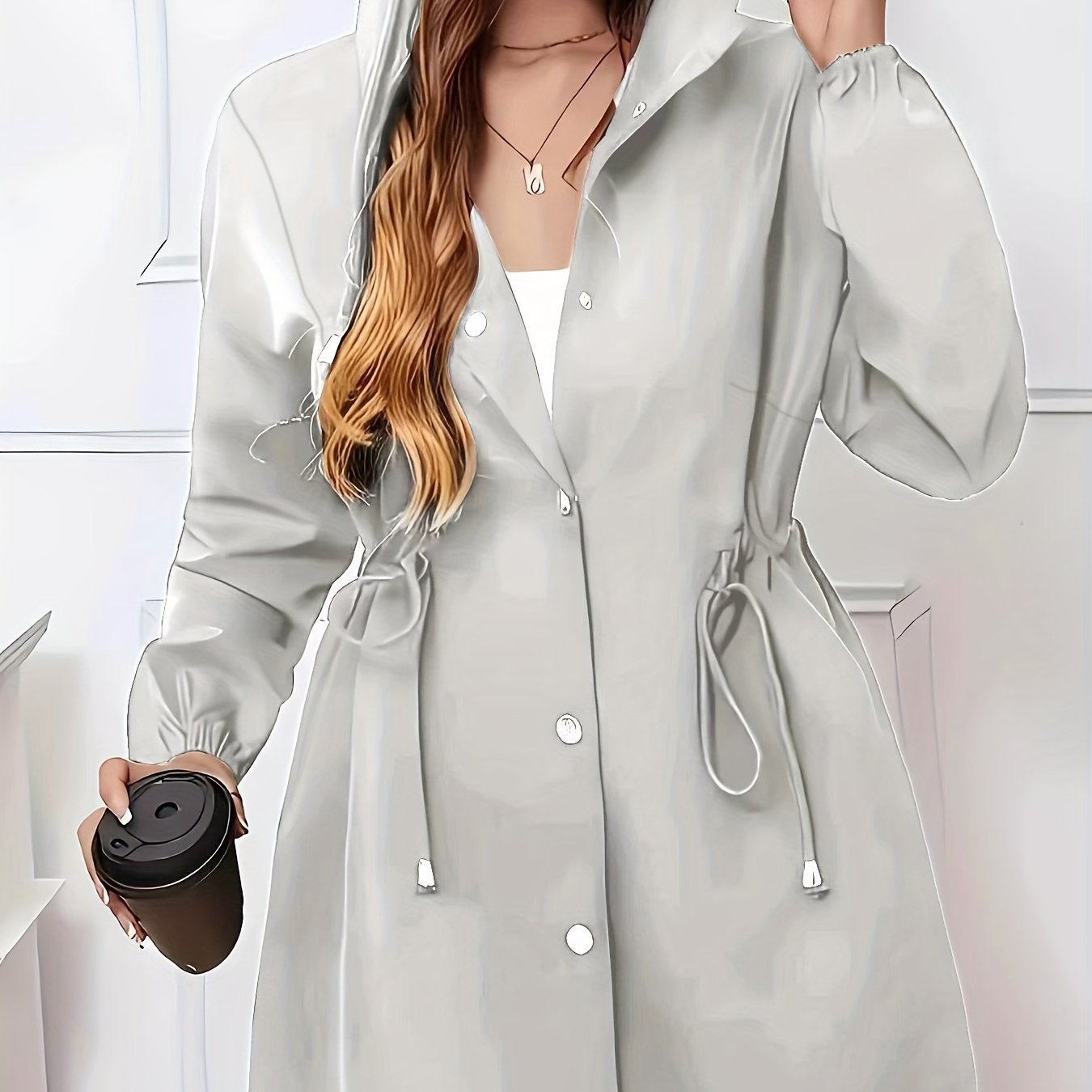 Ayollar uchun zamonaviy plussayz yengil kulrang kapüşonli palto, uzun yenglar, tugmachali old qismi va tortma bel bilan, polyesterdan tayyorlangan, mashinada yuvish mumkin, kuz/qish uchun mukammal.