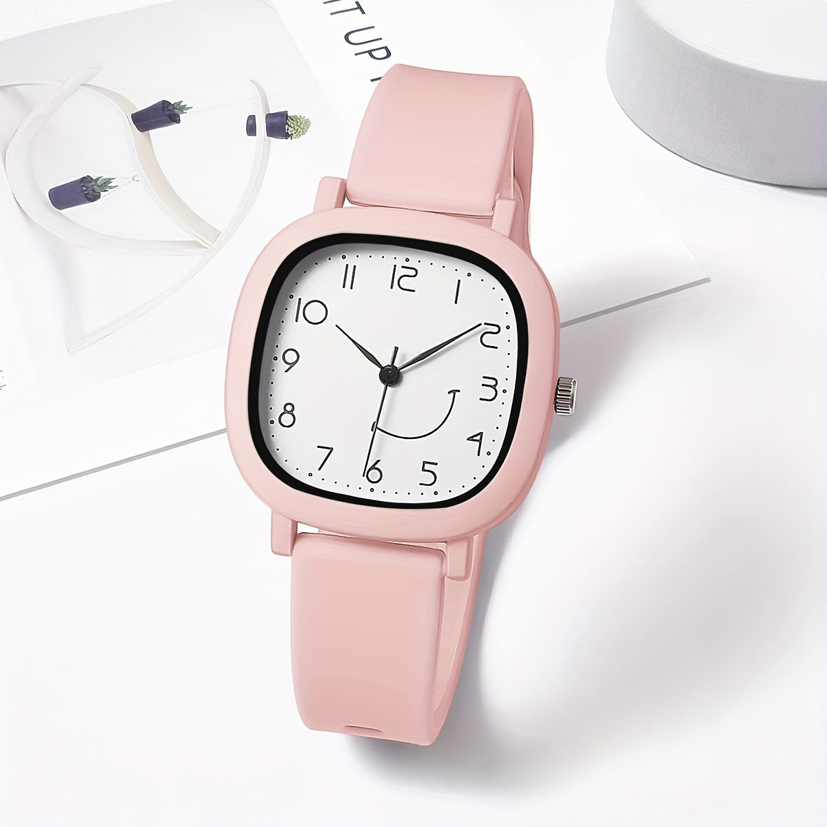 Women's Quartz Watch Square Face Silicone Strap Casual with Smile Face Design