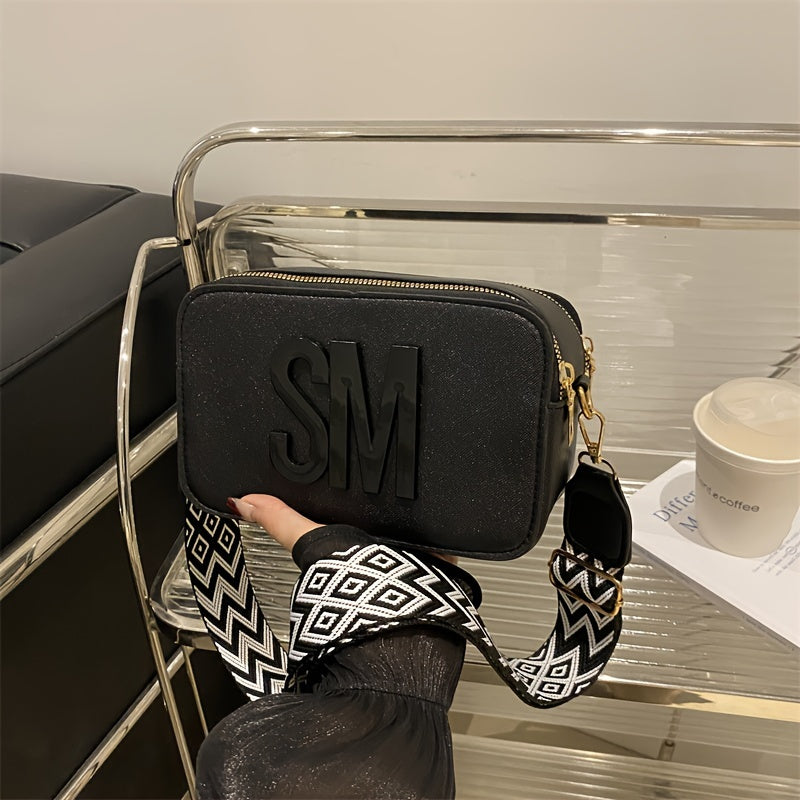 PU Crossbody Bag with Adjustable Wide Strap Zigzag Pattern in White Black Pink Light Brown