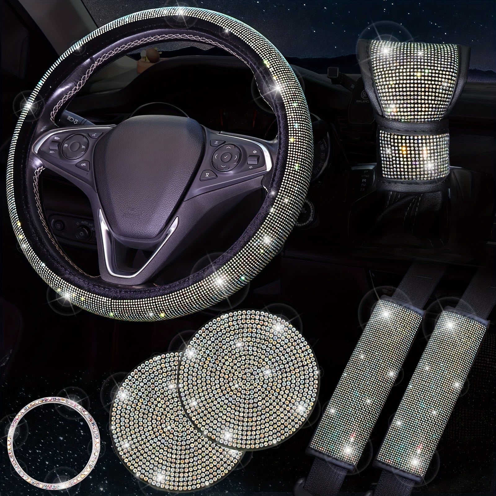 Bling Car Interior Accessory Set 7-Piece Diamond Steering Wheel Cover Rhinestone Seat Belt Coasters