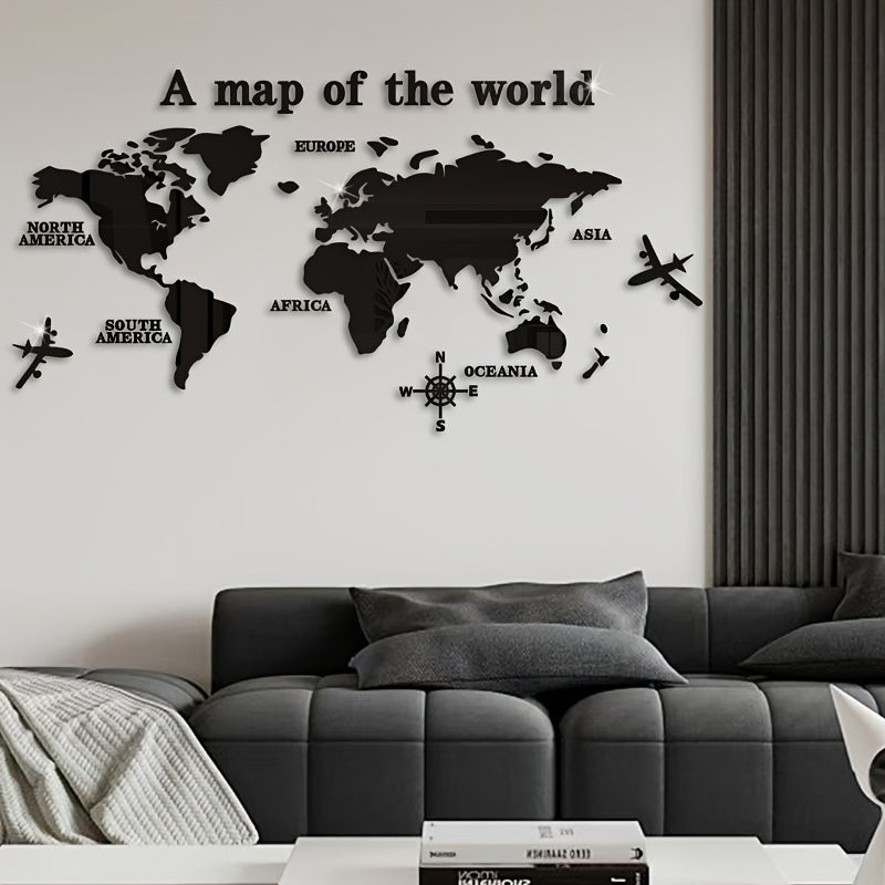 Bohemian Acrylic Wall Decor Map of the World with Airplane and Compass Rose 1mm Thick Adhesive Backing for Classroom Office Bedroom Living Room