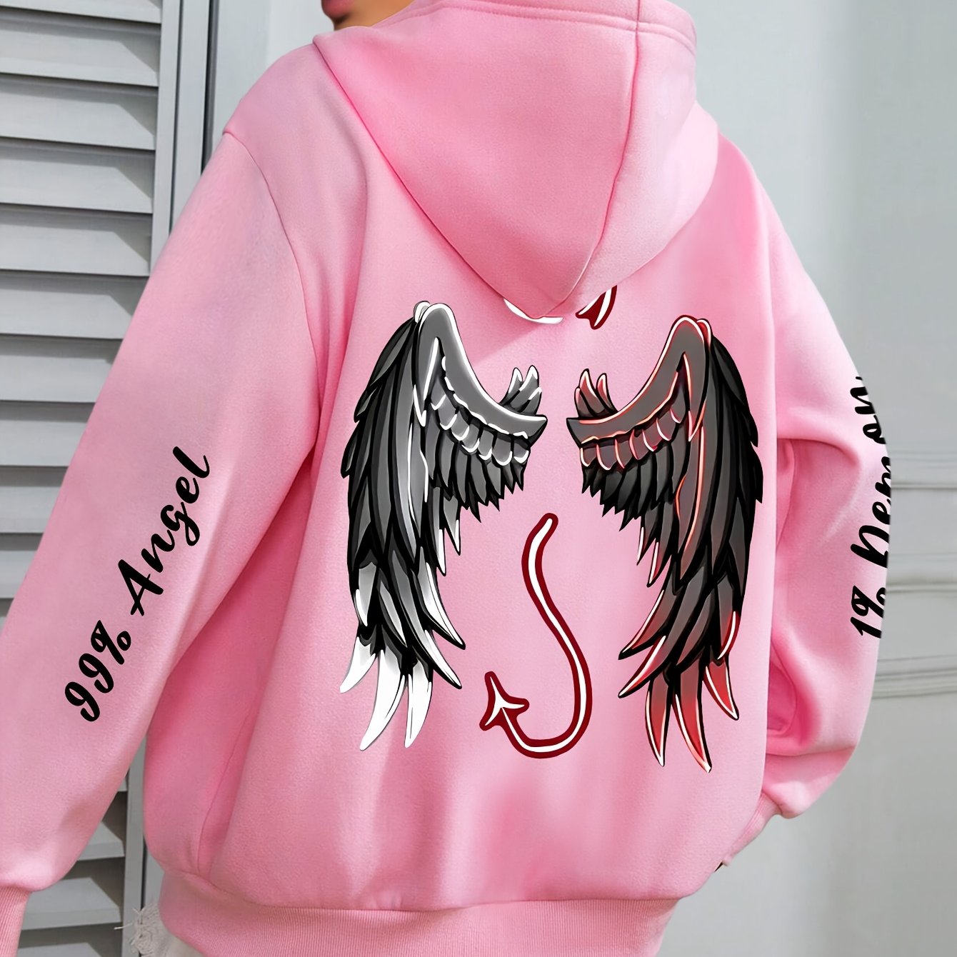 Plus Size Women's Angels & Demons Print Hoodie Long Sleeve Sweatshirt