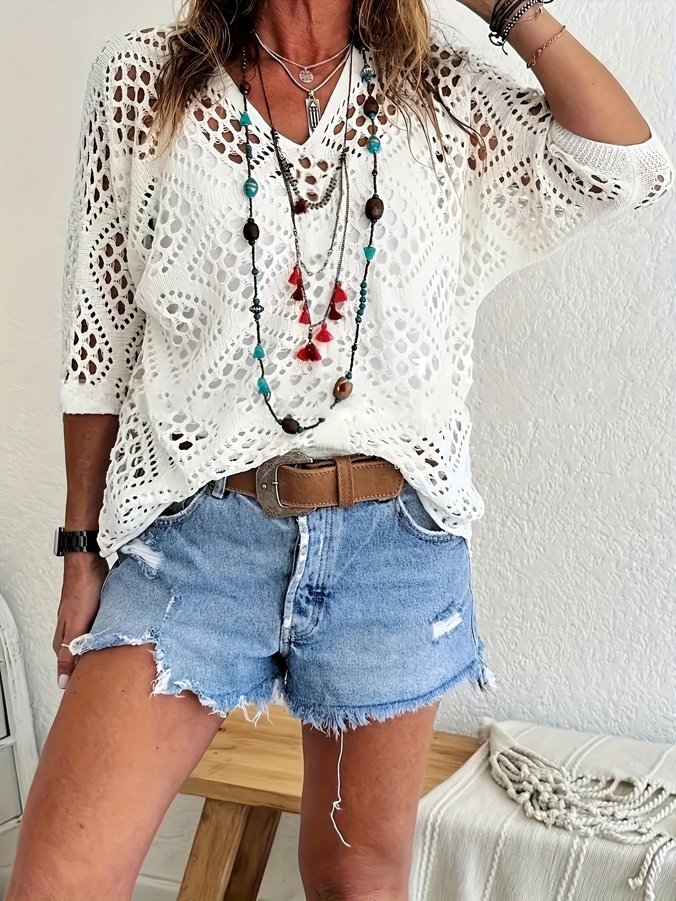 Plus Size Knitted V Neck Batwing Sleeve Top Casual Spring Summer Women's Clothing