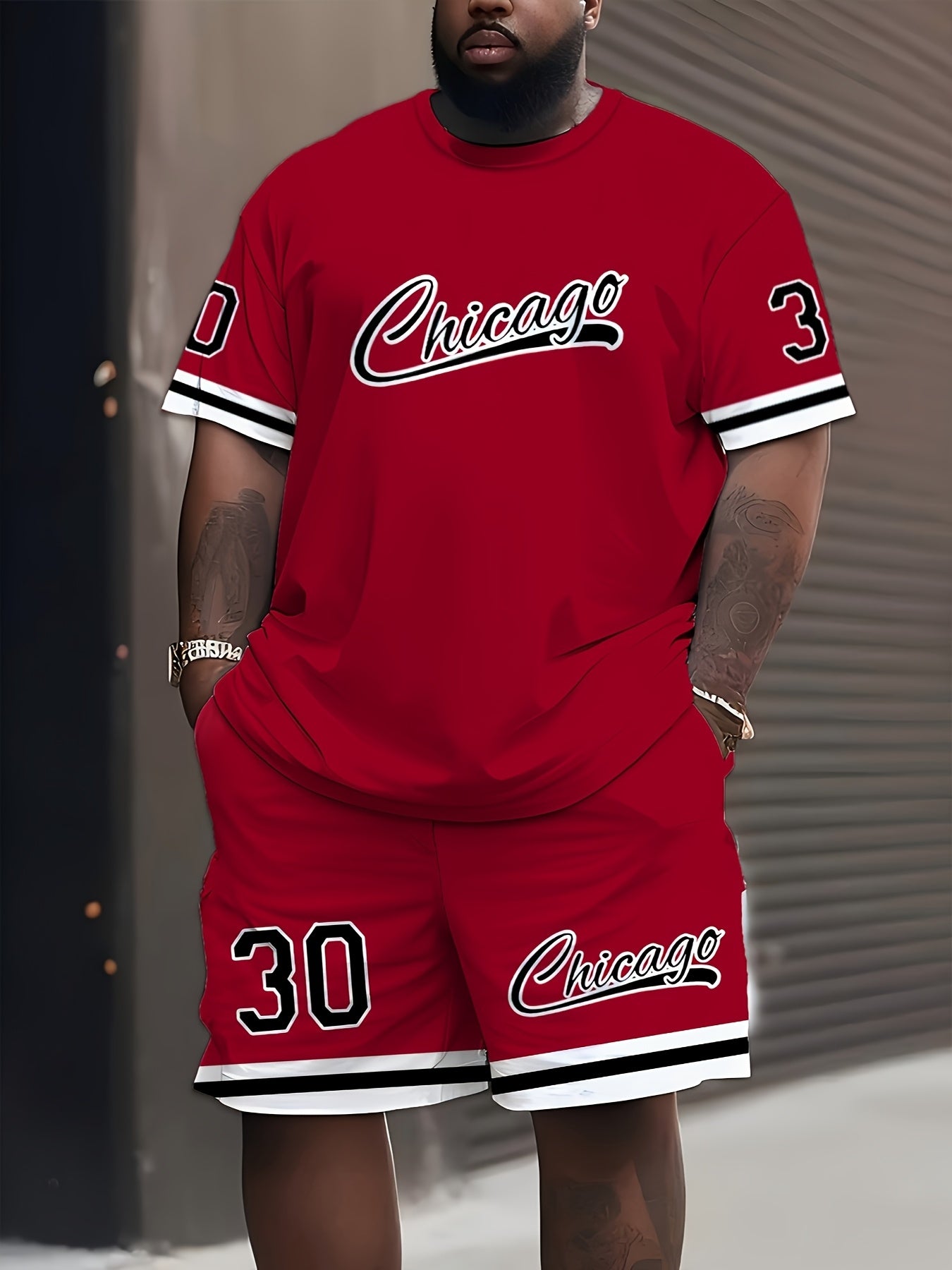 Men's Plus Size Casual Sports T-Shirt and Shorts Set with 3D Chicago Print