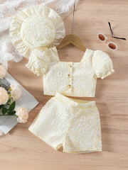 Baby Girls Summer Outfit Floral Jacquard Puff Sleeve Crop Top Shorts Hat Casual 12 Months