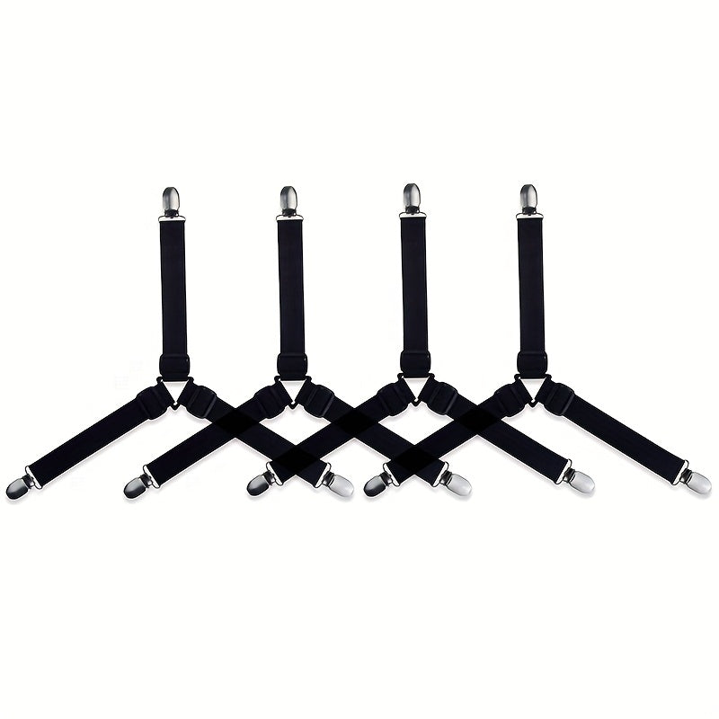 Регулируемые треугольные держатели для квилтов, набор из 4 штук - нескользящие металлические зажимы с эластичными лентами для закрепления подушек дивана и постельного белья - практичные черные защитные ремни, невидимый дизайн