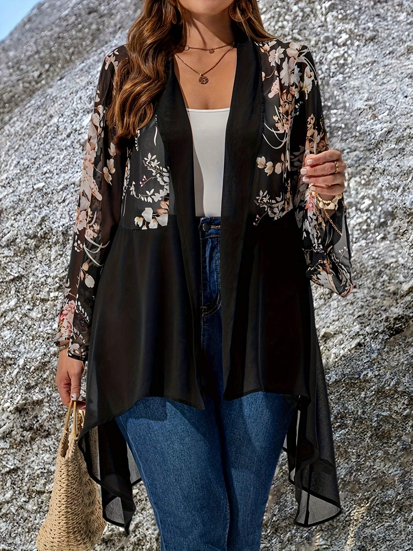 Women's Plus Size Boho Floral Print Cardigan Lightweight Rose-Style Open Front