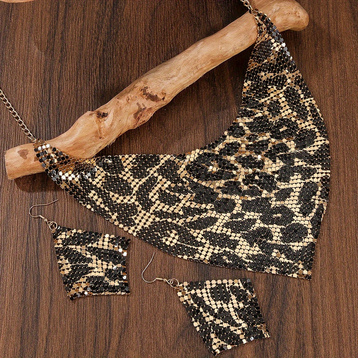 Leopard Print Gold Plated Jewelry Set with Choker Necklace and Earrings
