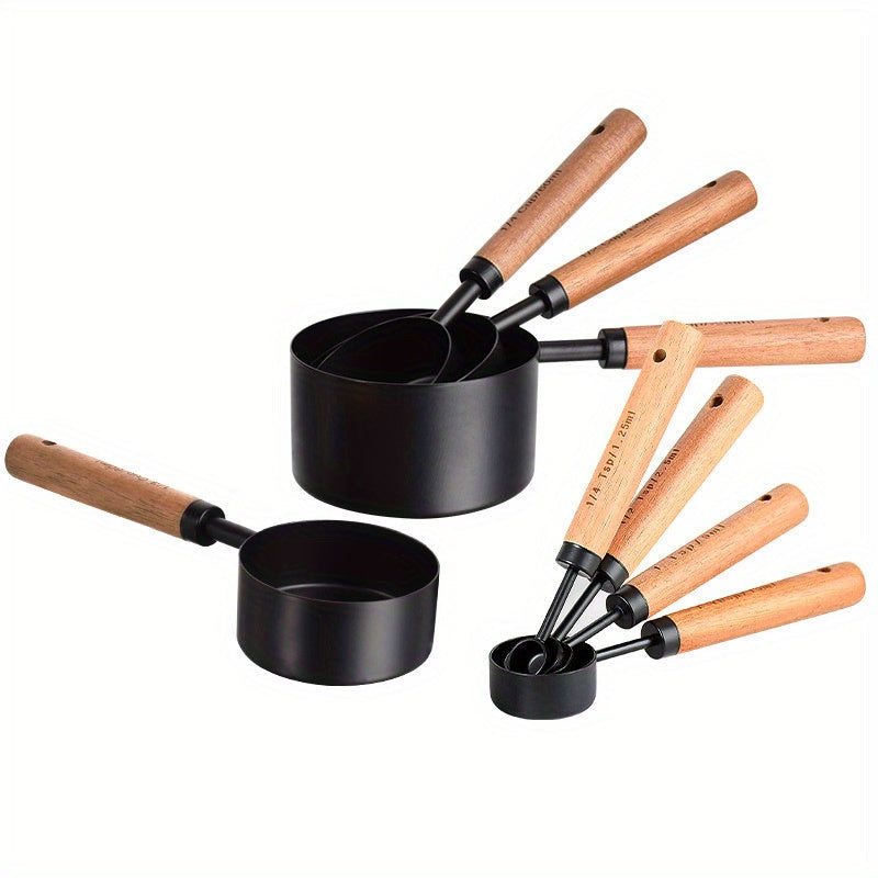 Juego de 4 tazas y cucharas medidoras de acero inoxidable con mangos de madera