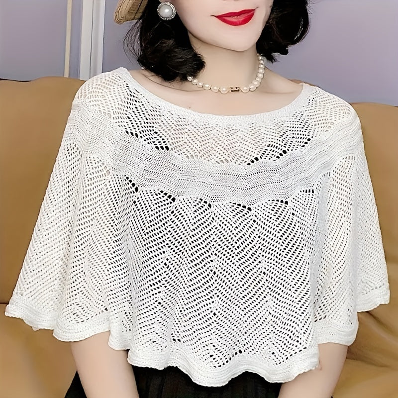 Women's Elegant Pullover Cape with Hollow Knitted Shawl, Loose Fit, Solid Color