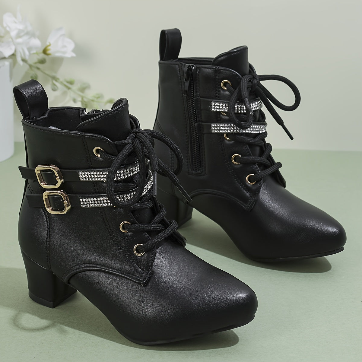 Women's White Ankle Boots with Golden Buckles Side Zipper Chunky Heel