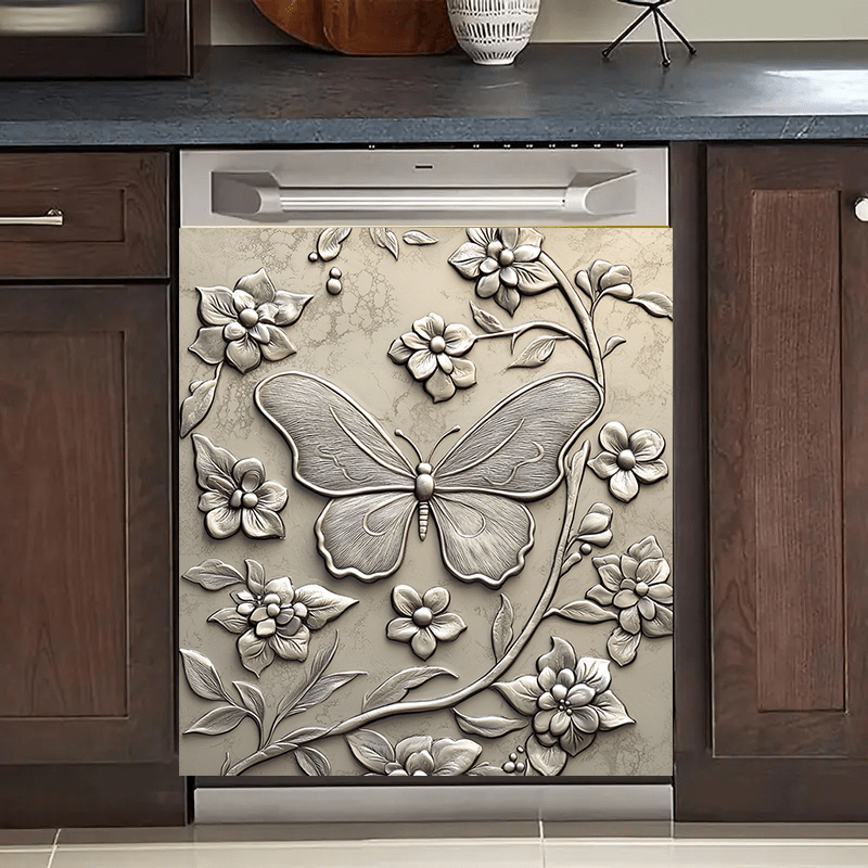 Antique Butterfly Magnetic Dishwasher Cover Waterproof Kitchen Decor 58.5x65 cm