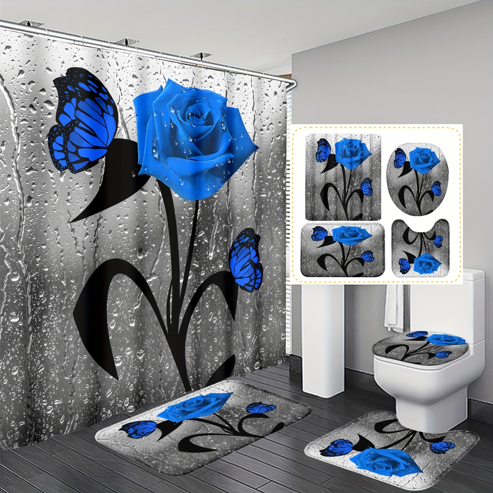 Water Drop Rose Printed Bathroom Shower Curtain Set with Hooks Non-Slip Mat Toilet Lid Mat Bathtub Partition