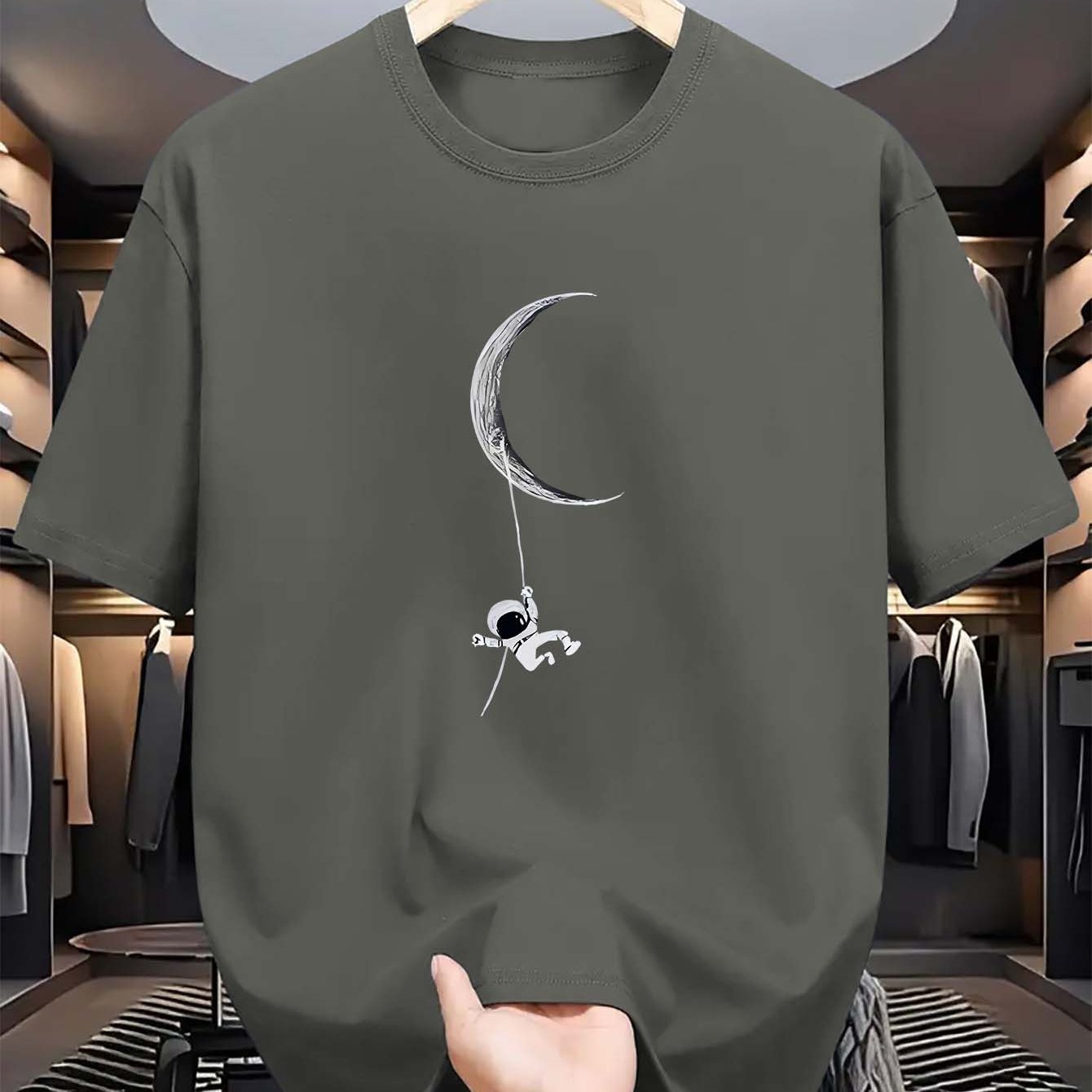 Men's Polyester Crew Neck T-Shirt with Astronaut and Moon Graphic for Summer Casual Fit