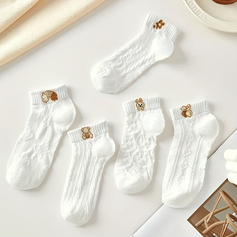 Women’s White Embroidered Low Cut Cotton Socks 5 Pairs Breathable Simple