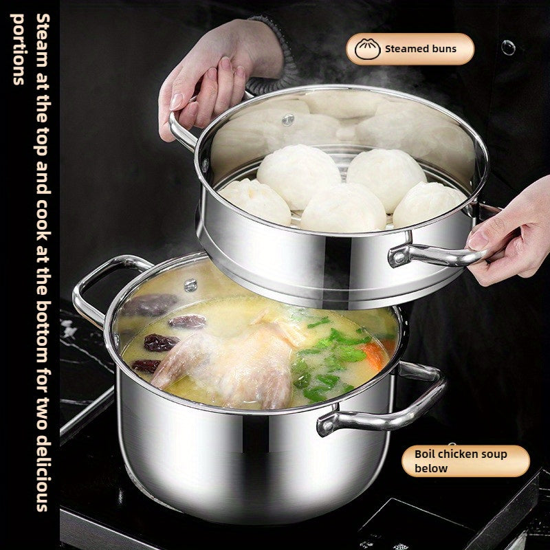 Stainless Steel Steamer Pot with Double Layer Basket 21.84cm for Induction Gas Stove