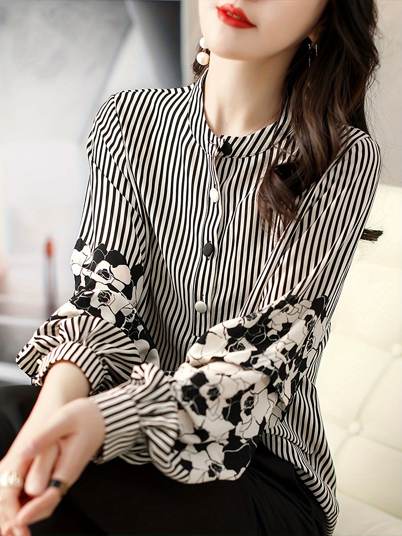 Women's Floral Striped Long Sleeve Blouse with Lantern Sleeves Polyester All-Season