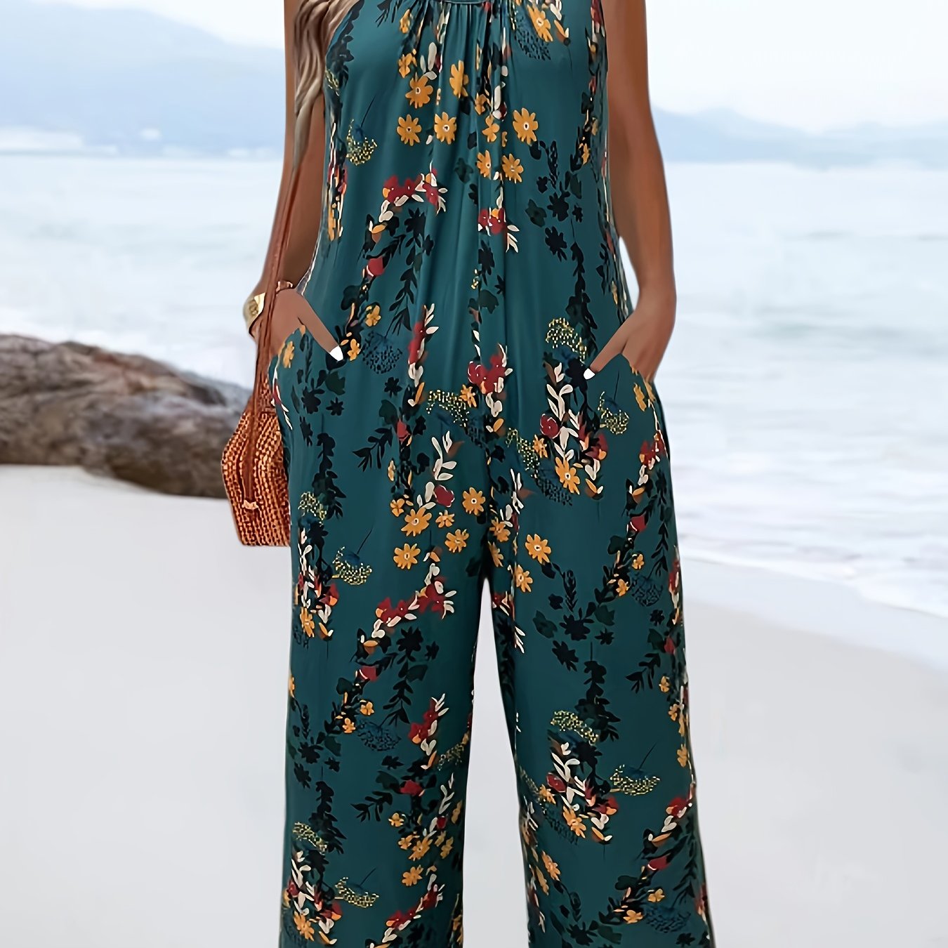 Plus-Size Casual Jumpsuit with 3D Floral Print Pockets Vacation Style