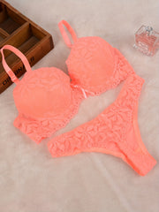 Black Lace Lingerie Set for Women Push-Up Bra and Thong Floral Design