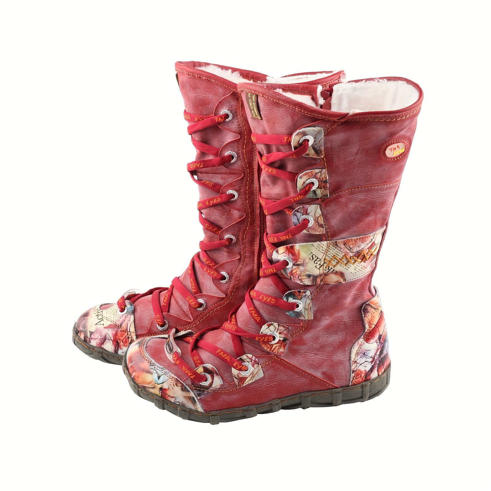 Женские зимние высокие ботинки с цветочным принтом и плюшевой подкладкой коричневый белый