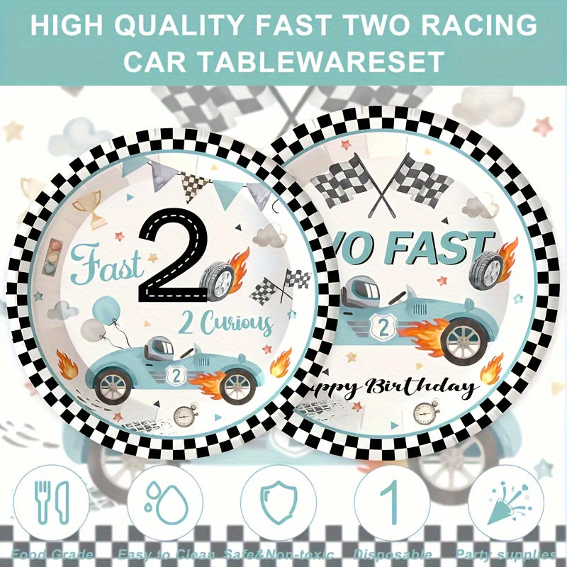 Set of 10 Birthday Party Plates Cups Napkins Paper Dinnerware Blue Race Car Checkered Flag for 2nd Birthdays Tailgate Celebrations