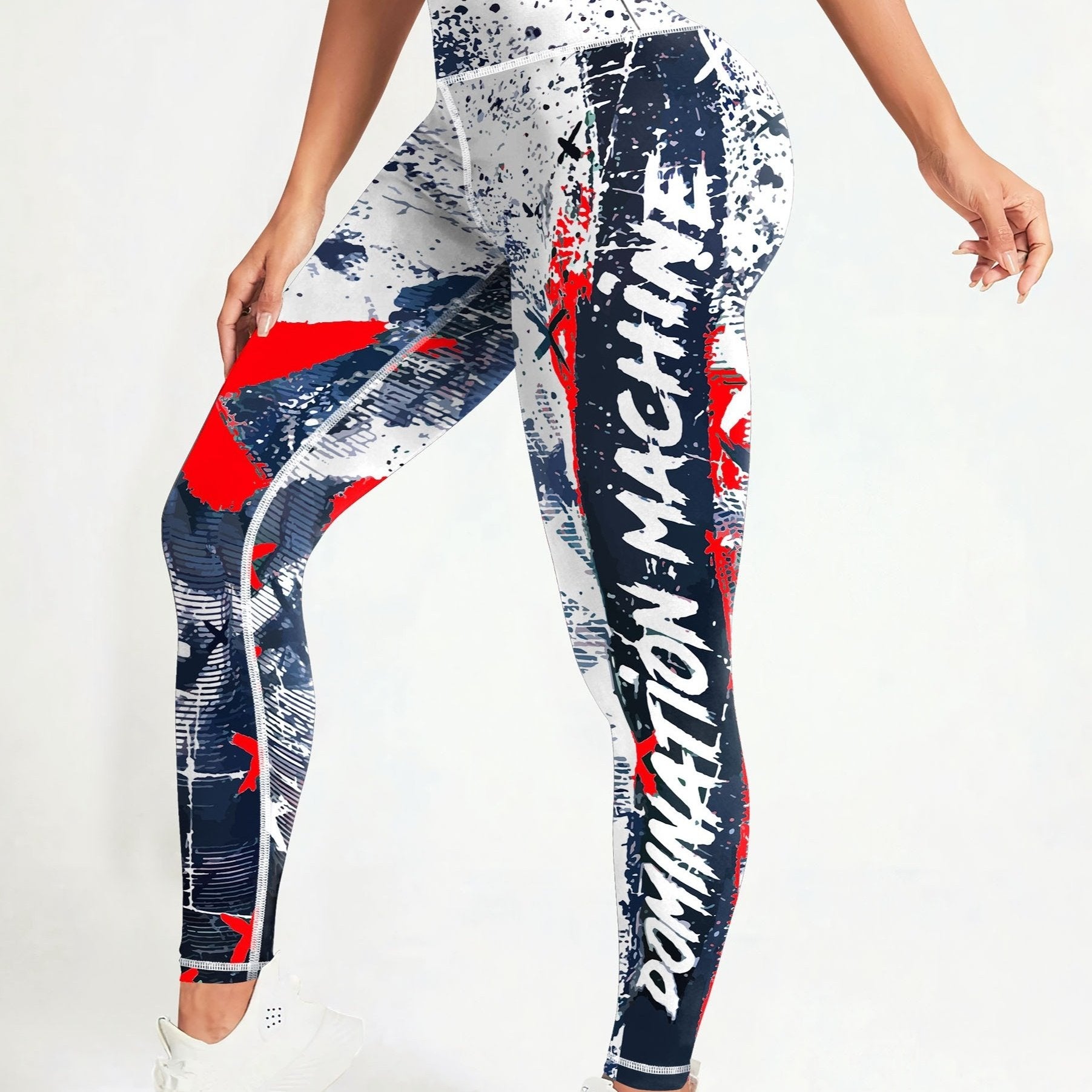 Women's High Waist Leggings with Color Block Graffiti Print Tummy Control Butt Lift for Running and Activewear