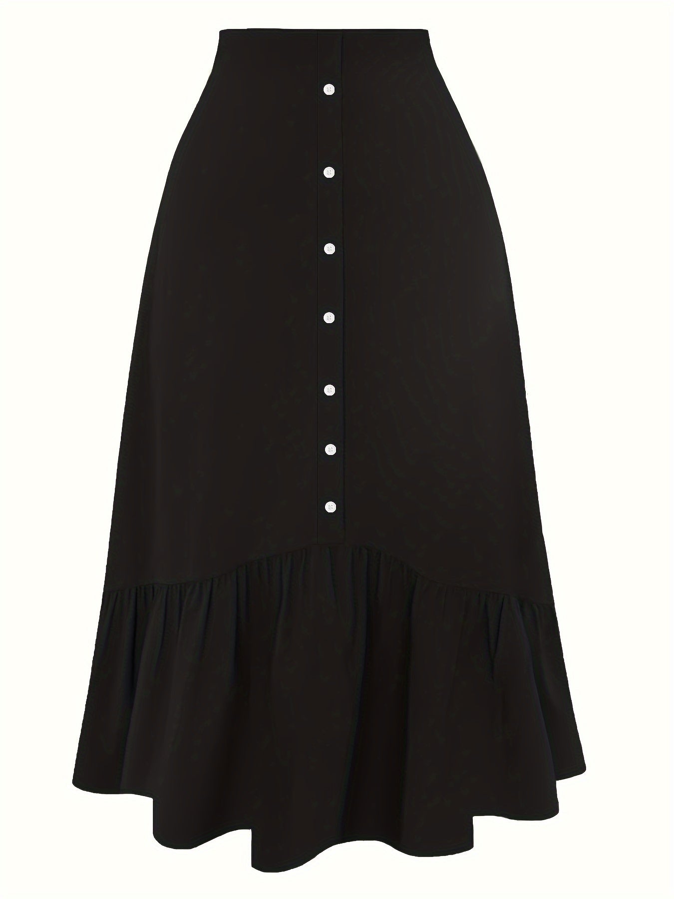 Women's Brown Midi Skirt with Buttons, Ruffled Hem, Elastic Waist