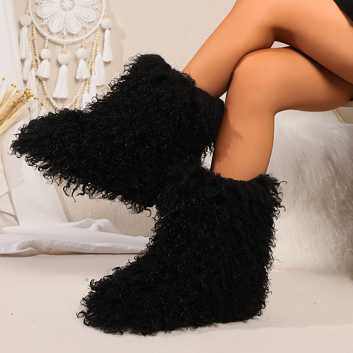 Women's Faux Fur Winter Boots Pull-On Soft Sole Non-Slip Snow Shoes