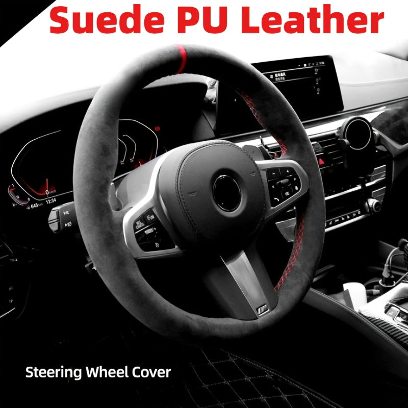 Cubierta de volante de cuero PU universal con reverso de peluche antideslizante y absorbente de sudor