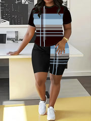 Plus Size Geometric Print Sports Outfit Cropped Top High-Waisted Shorts