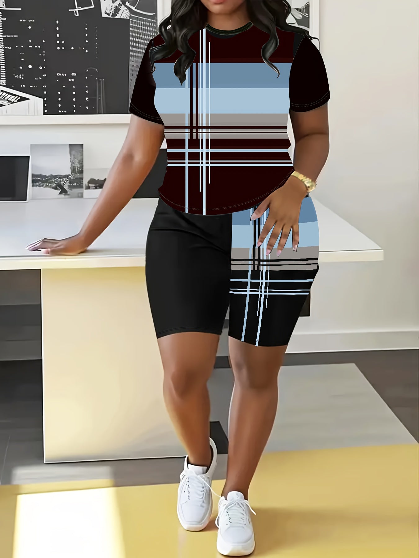 Plus Size Geometric Print Sports Outfit Cropped Top High-Waisted Shorts