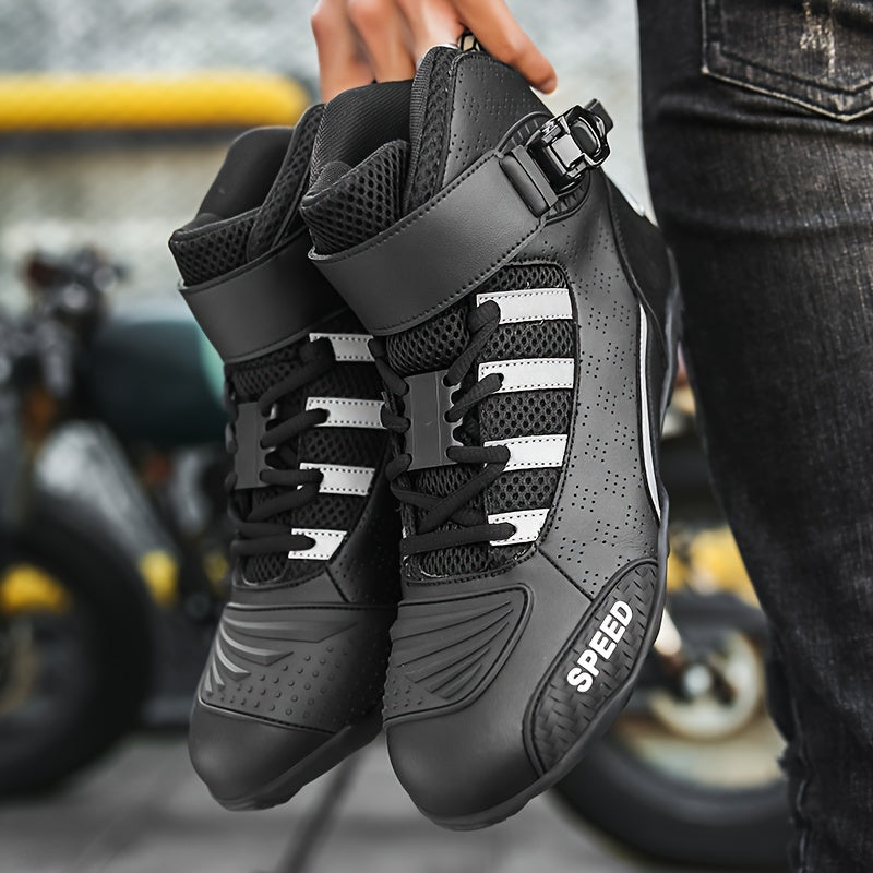 Men's Off-Road Motorcycle Riding Boots PU Leather Ankle High Breathable Perforated Protective Strap