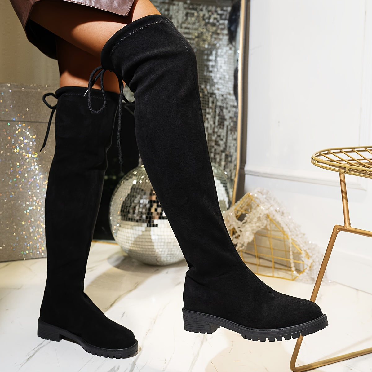 Women's Black Fabric Knee-High Boots with Flat Heel and PVC Sole