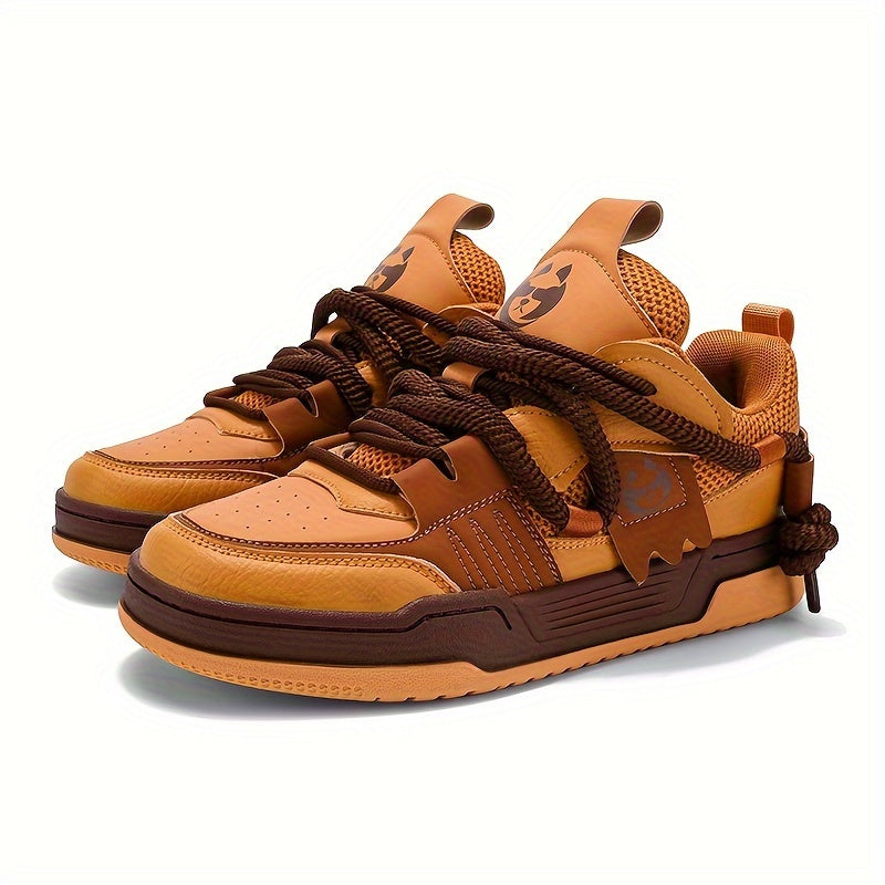 Men's All-Season Casual Sneakers with Solid Color and Cartoon Pattern Breathable Faux Upper Low Top Lace-Up Rubber Sole