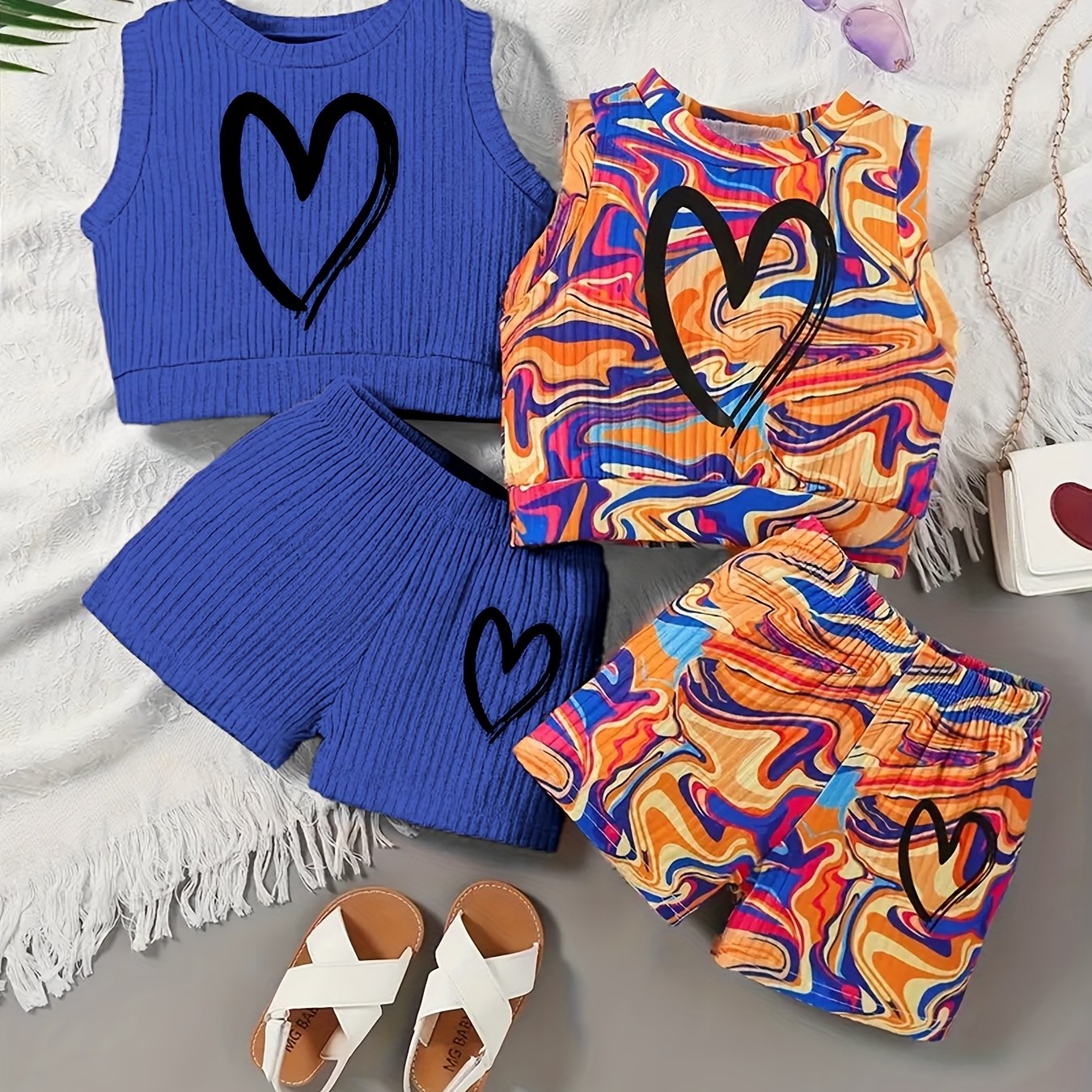 Girls Summer Outfit Set 4 Pieces Heart Print Tank Top and Shorts Polyester Knit Casual
