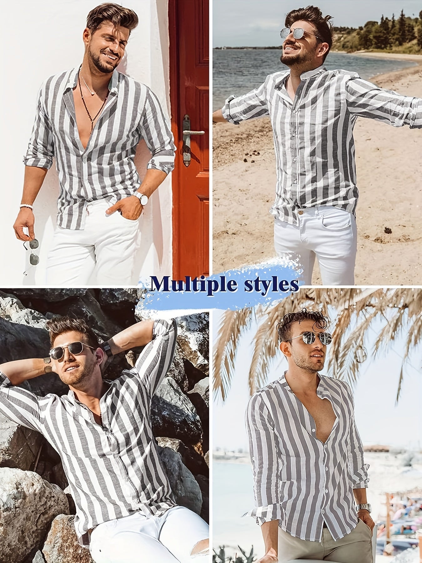 Men's Cotton Vertical Striped Band Collar Shirt Long Sleeve Casual Wear