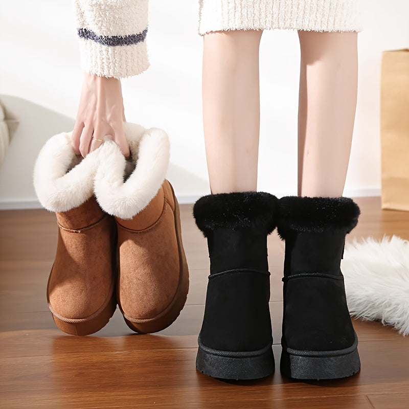 Women Fleece-Lined Mid-Calf Snow Boots with Thick Platform, Brown