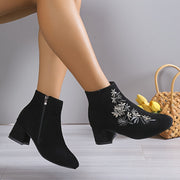 Women's Flower Pattern Chunky Heel Ankle Boots Square Toe Zipper