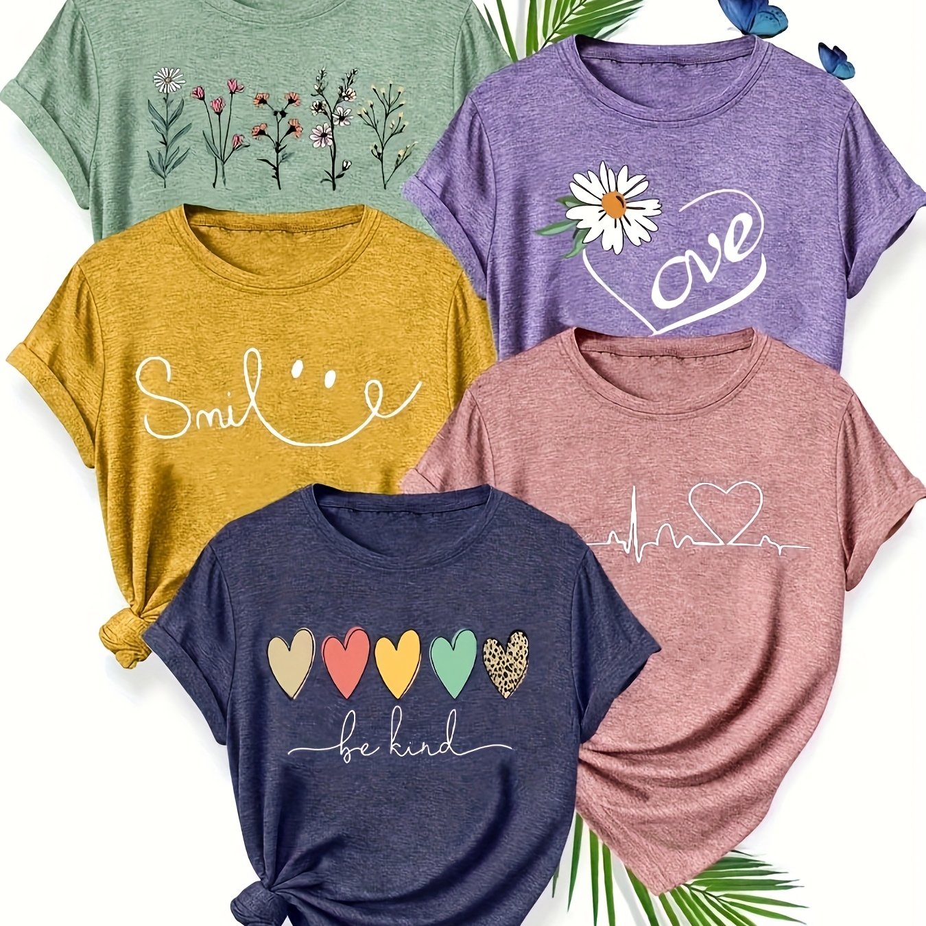 Women’s Cotton Casual T-Shirts, Floral & Butterfly Prints, Short Sleeve, Pack of 5