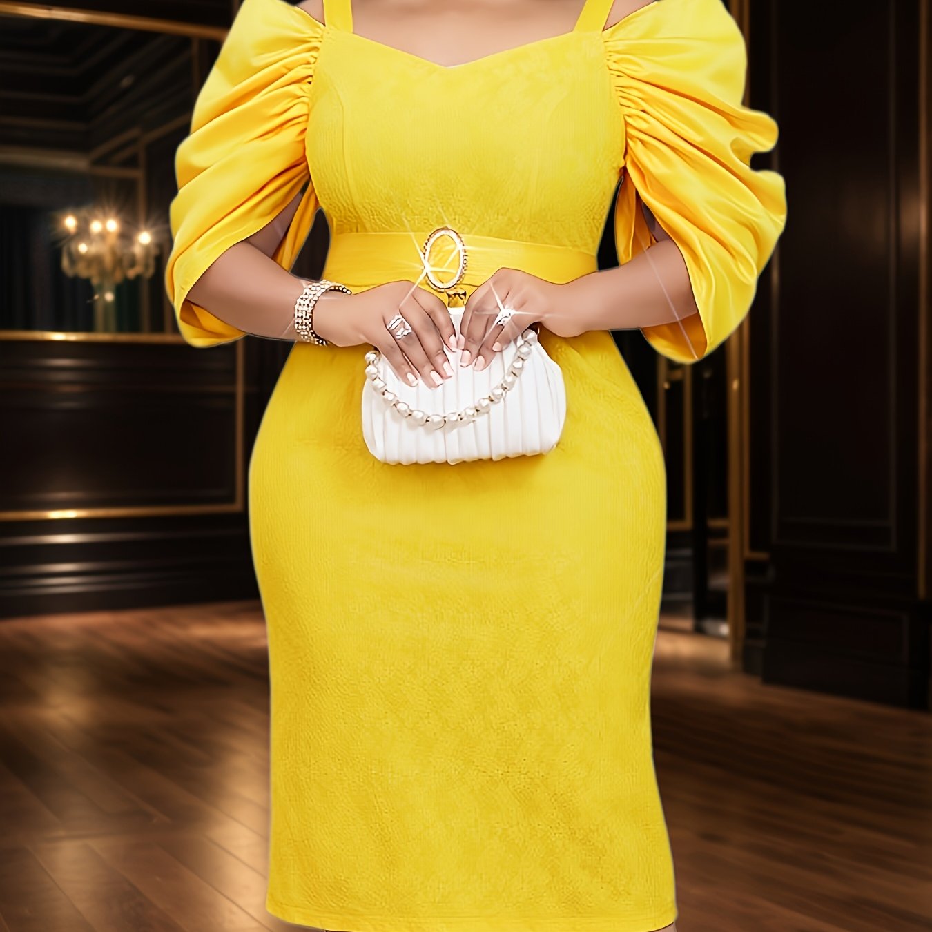 Women's Yellow Lace Off-Shoulder Dress with Petal Sleeves for Parties