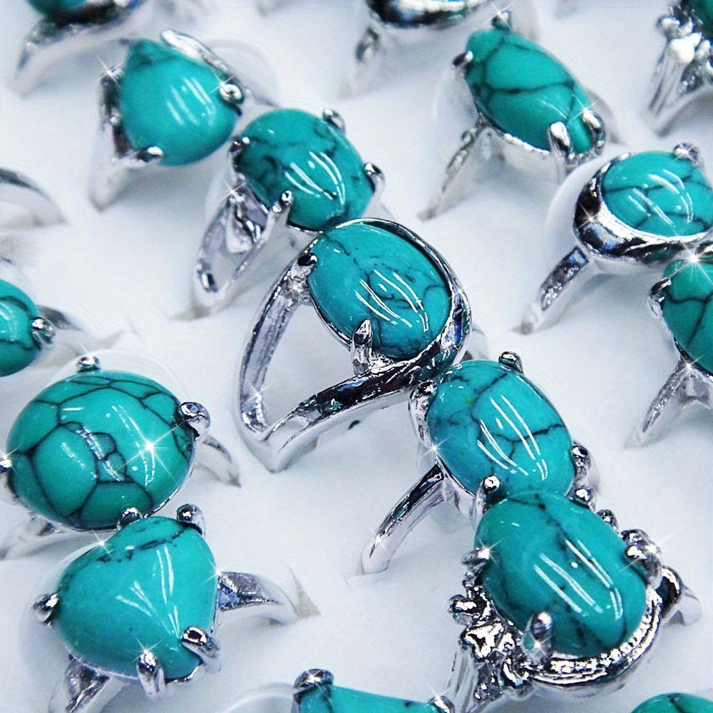 Set of 10 Turquoise Boho Style Fashion Rings Natural Stone Alloy Plated for Festivals and Casual Wear