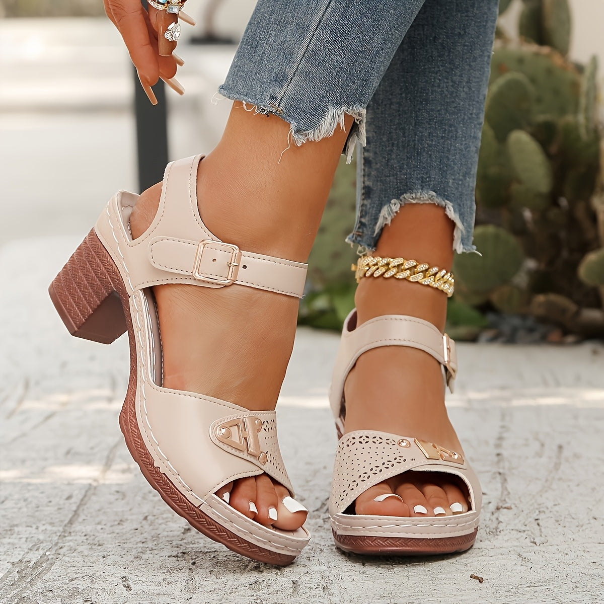 Women's Light Blue Block Heel Sandals Open Toe Buckle Casual Summer