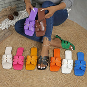 Women's Flat Sandals Solid Color PU Open Toe Slip-On Casual Shoes