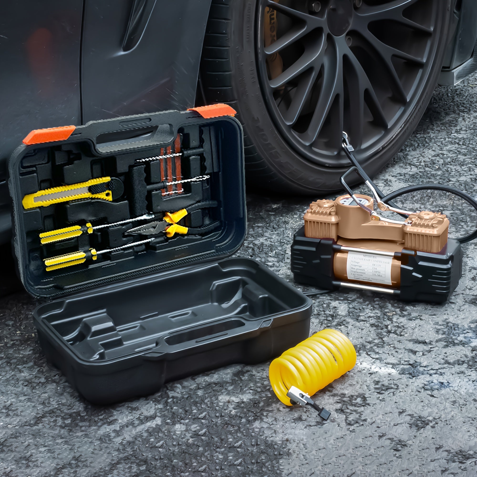 Twin Cylinder Air Compressor 12V 150 PSI Portable Tire Inflator with Digital Gauge and LED Light