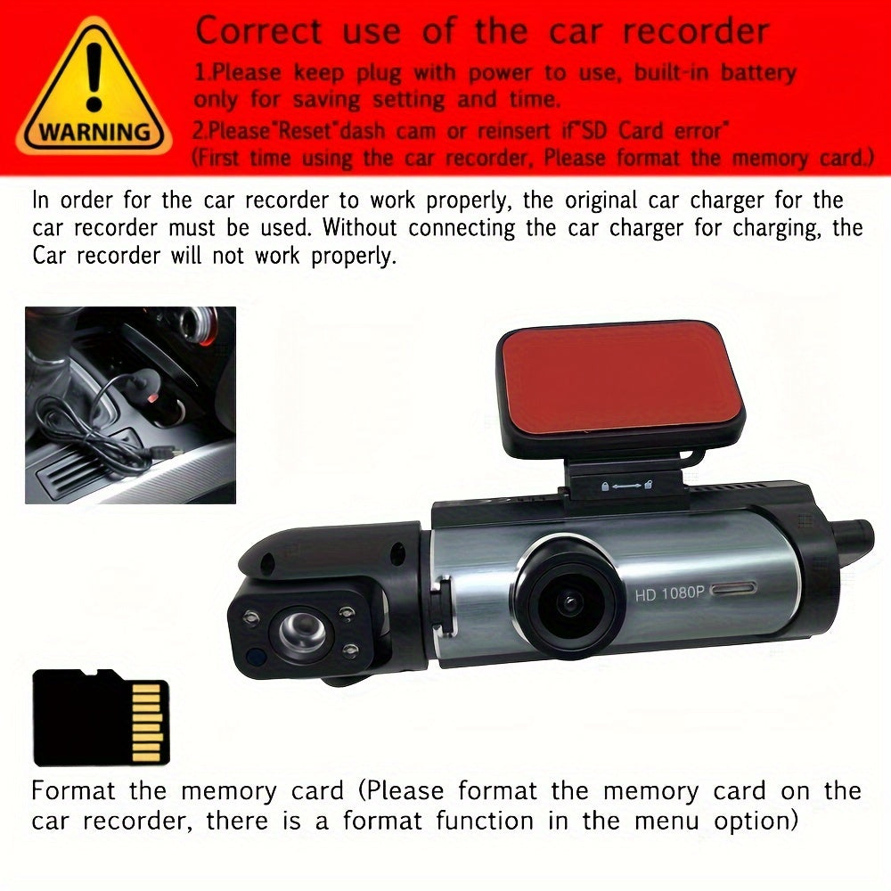 Upgraded Dual-Lens Dash Cam with 64GB Card Night Vision Loop Recording LCD Screen