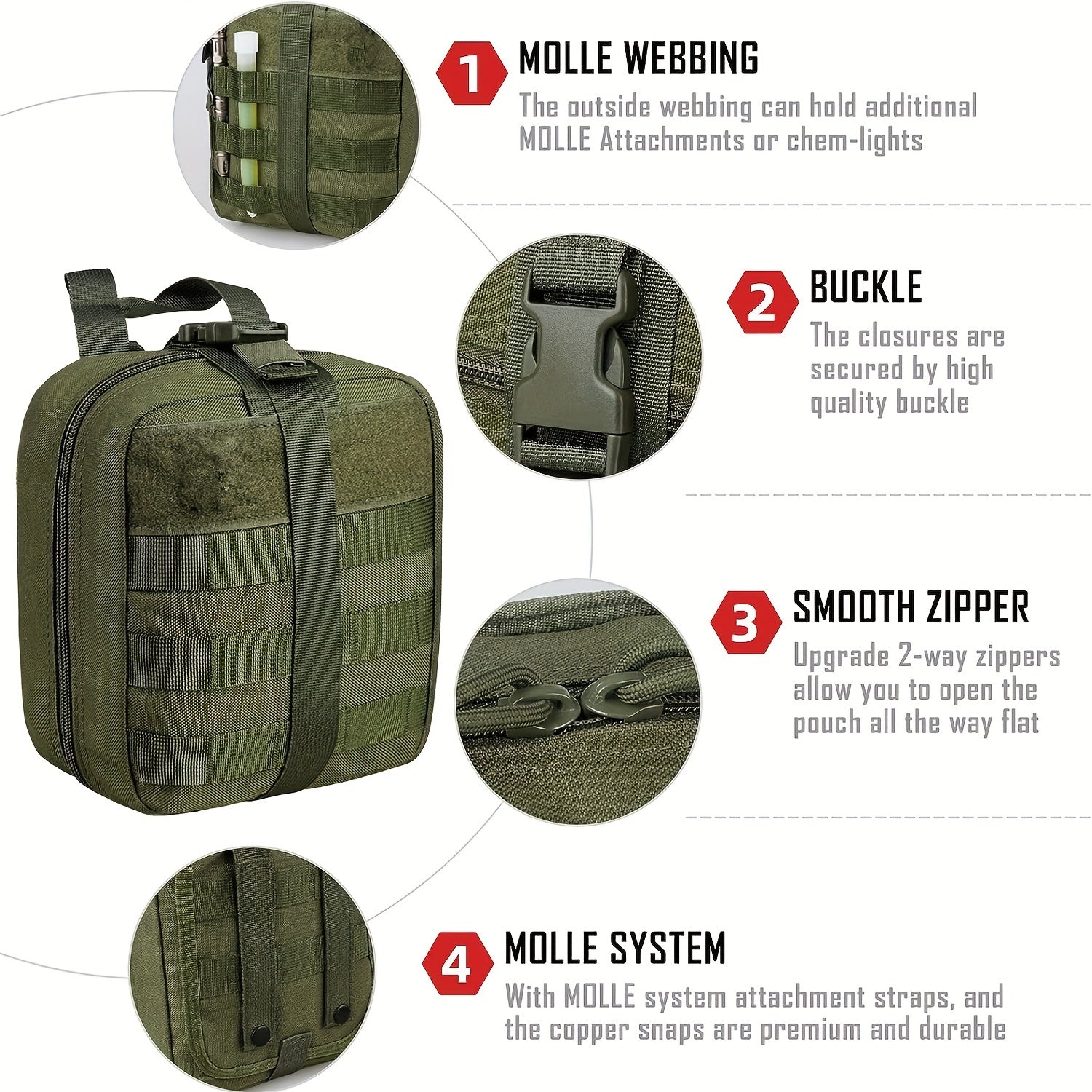Tactical First Aid Kit with Quick-Release EMT Pouch MOLLE System Nylon Bag Green