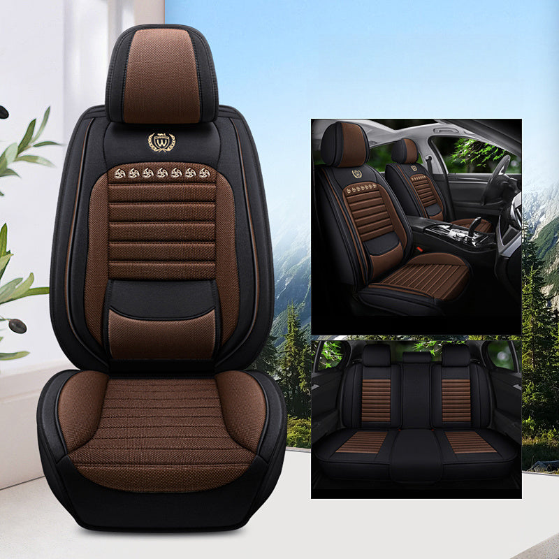 Summer Linen Breathable Car Seat Covers Full Set for 5 Seats Black Brown