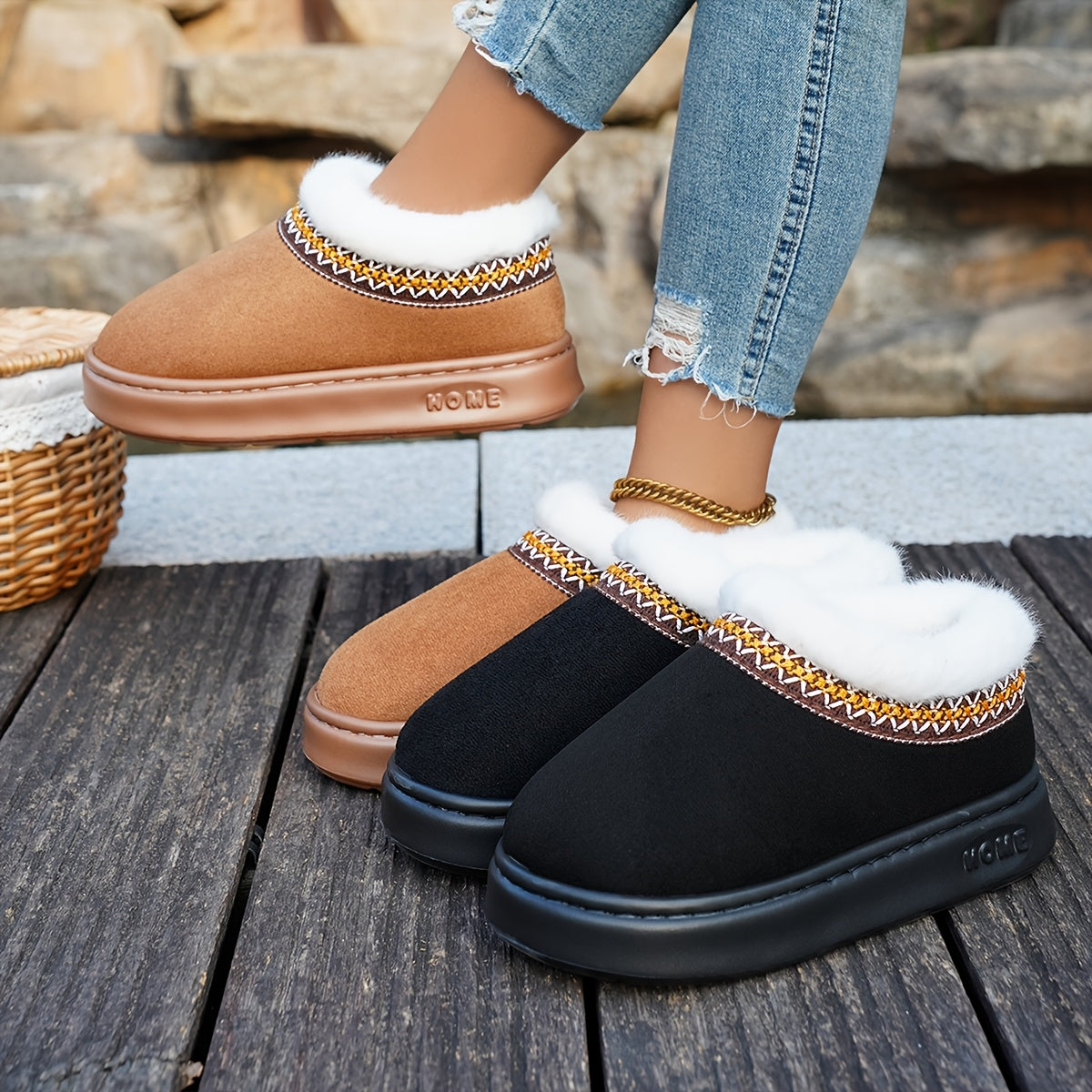 Women Cozy Fleece Lined Slippers Warm Brown Indoor Slip-Ons