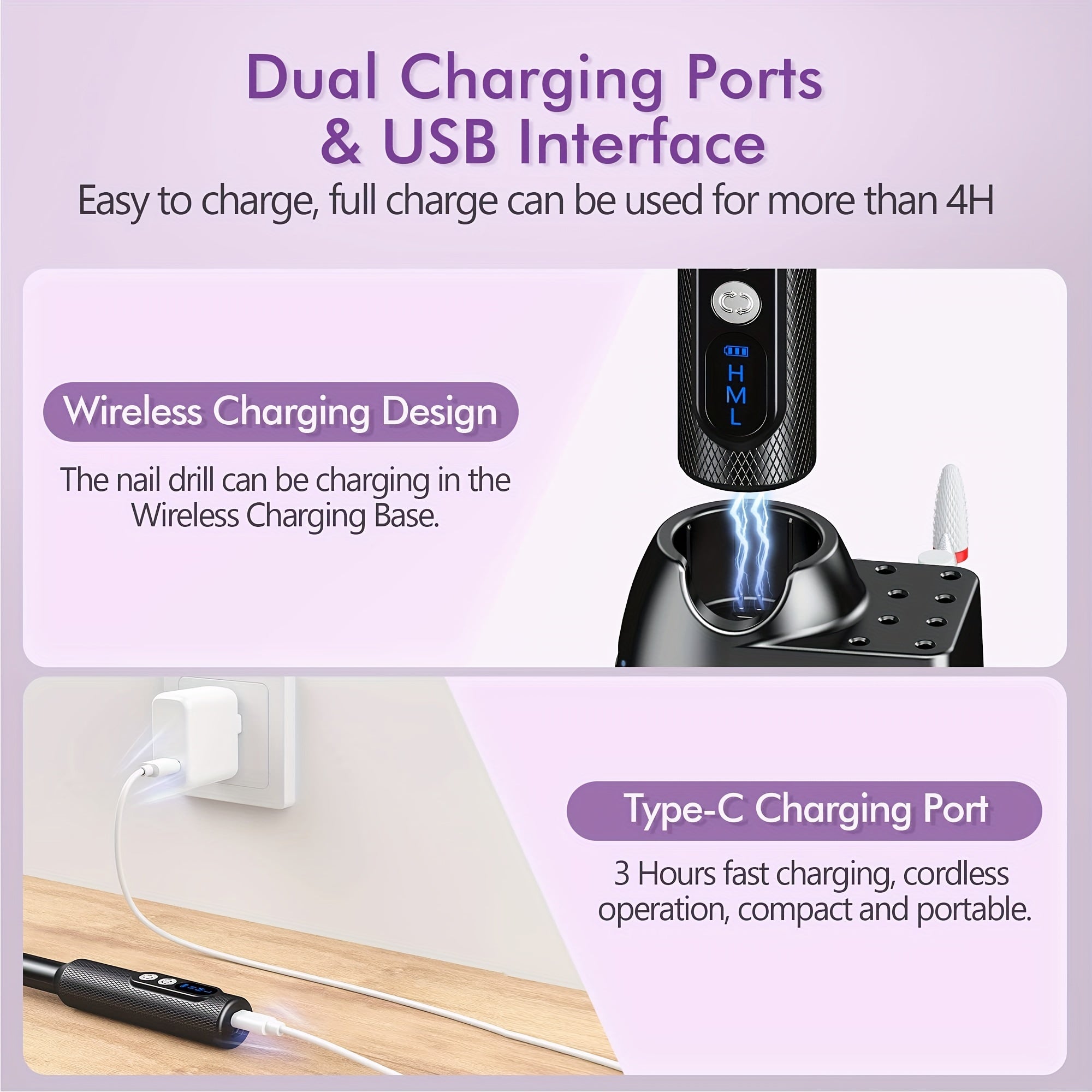 Cordless Electric Nail Drill Kit for Acrylic and Gel Nails with Multiple Grinding Heads for Professional and Home Use