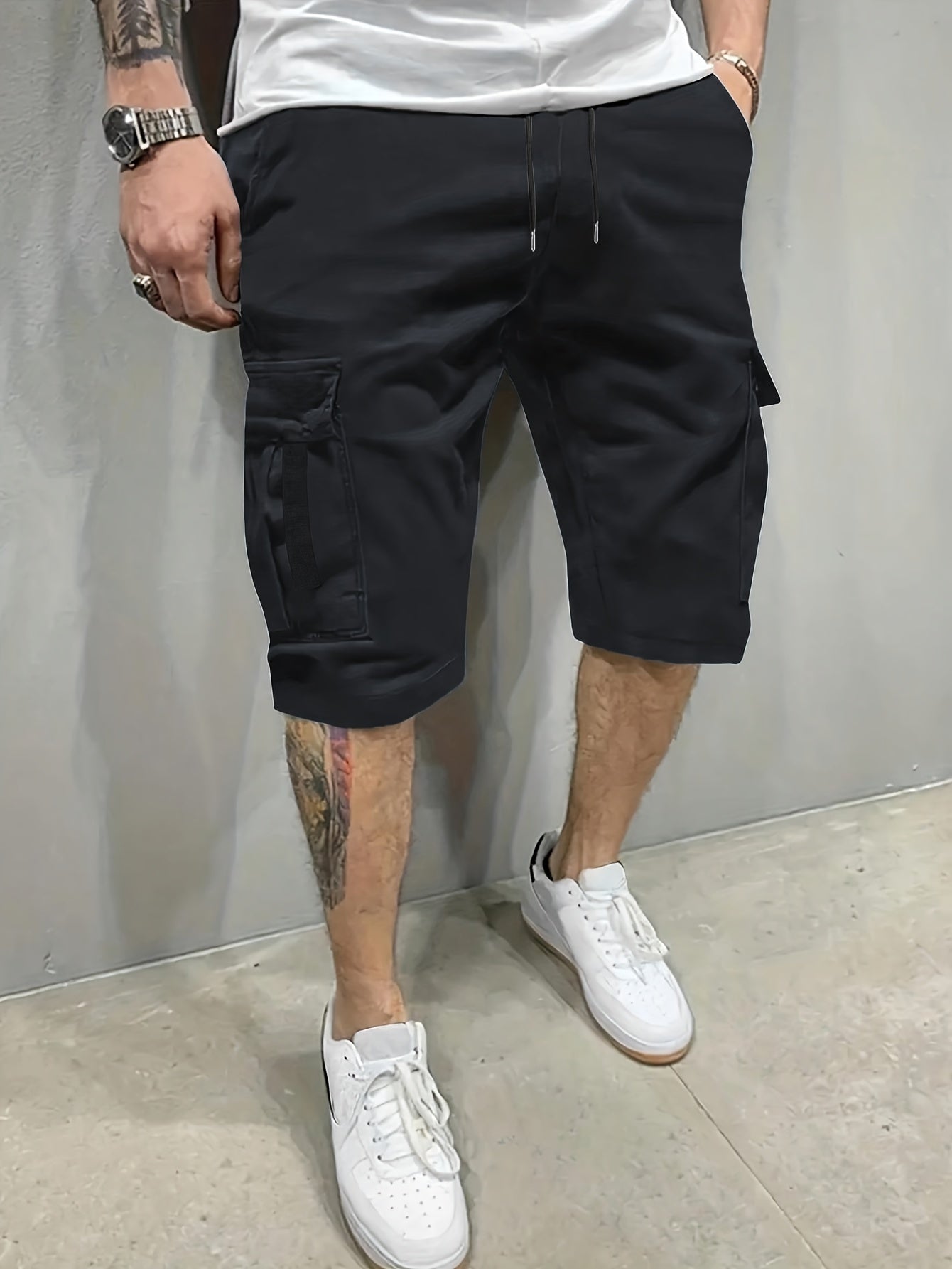 Men's Plus Size Cargo Shorts Solid Color Drawstring Pockets Casual Polyester